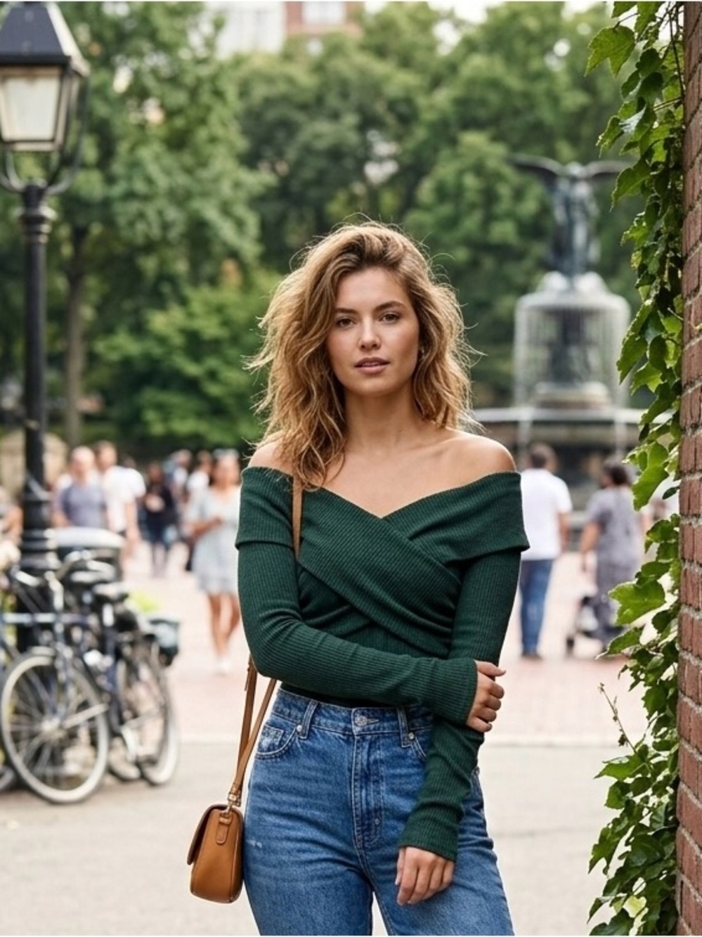 Off-Shoulder Wrap Ribbed Sweater - Dark Green
